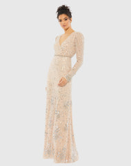 Beige Sequined Floral Embellished Long Sleeve Gown