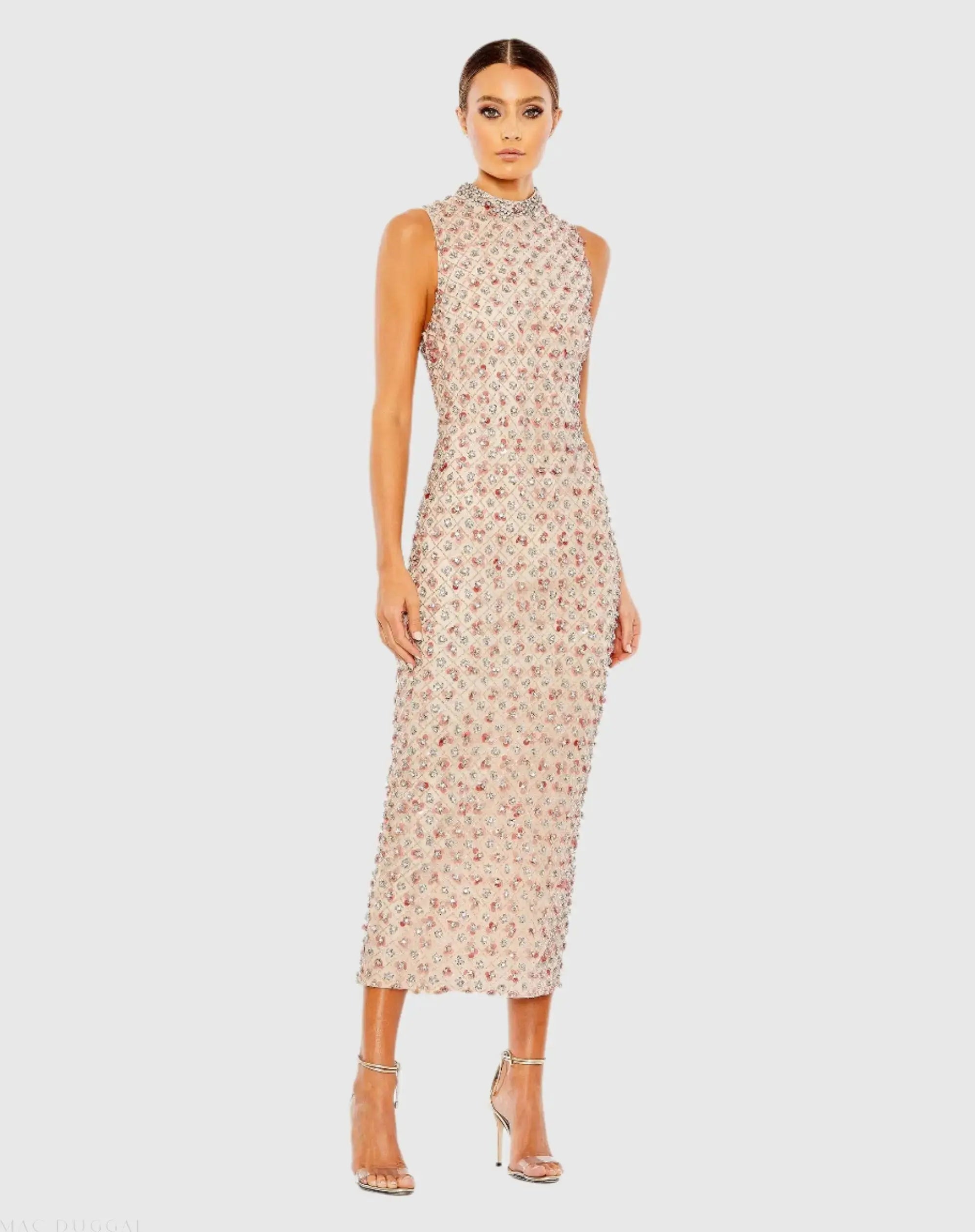 Embellished High Neck Sleeveless Column Dress