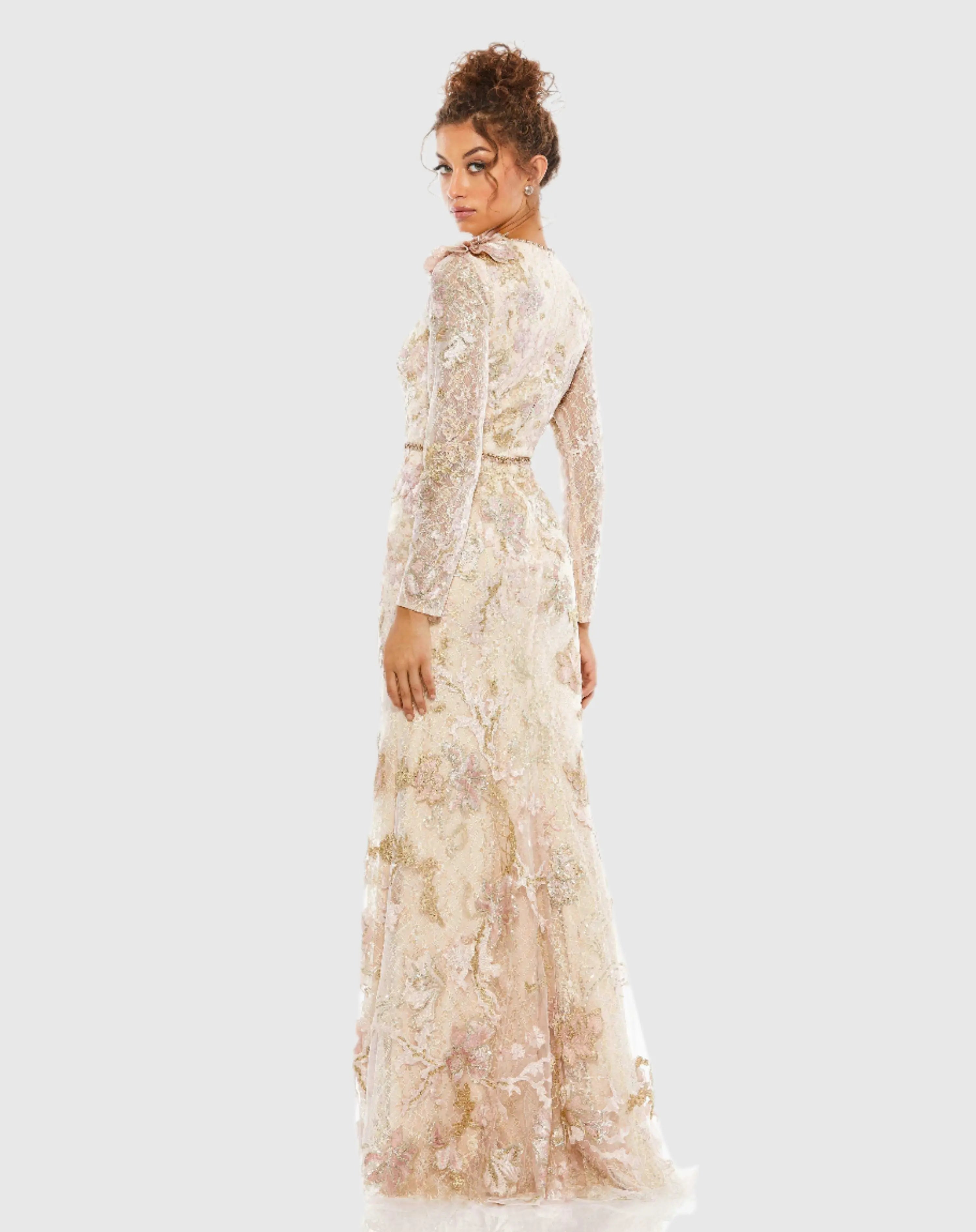 Pink and Beige Embroidered Lace Trumpet Evening Dress