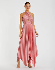Pink Pleated Halter Neck Asymmetrical Hem Gown - FINAL SALE