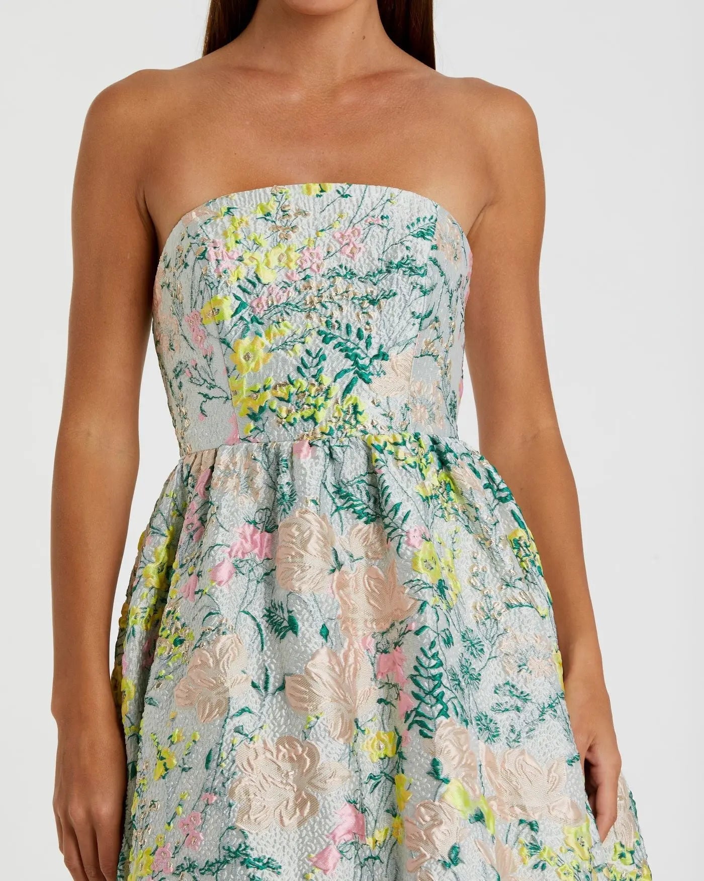 Multicolor Strapless Floral Brocade A-Line Gown