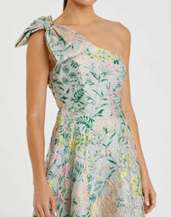 Multicolor One Shoulder Brocade Floral Gown With Bow