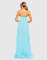 Blue Strapless Flare Feather Hem Gown