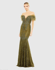 Green Feathered Crystal Embellished Sleeveless Gown