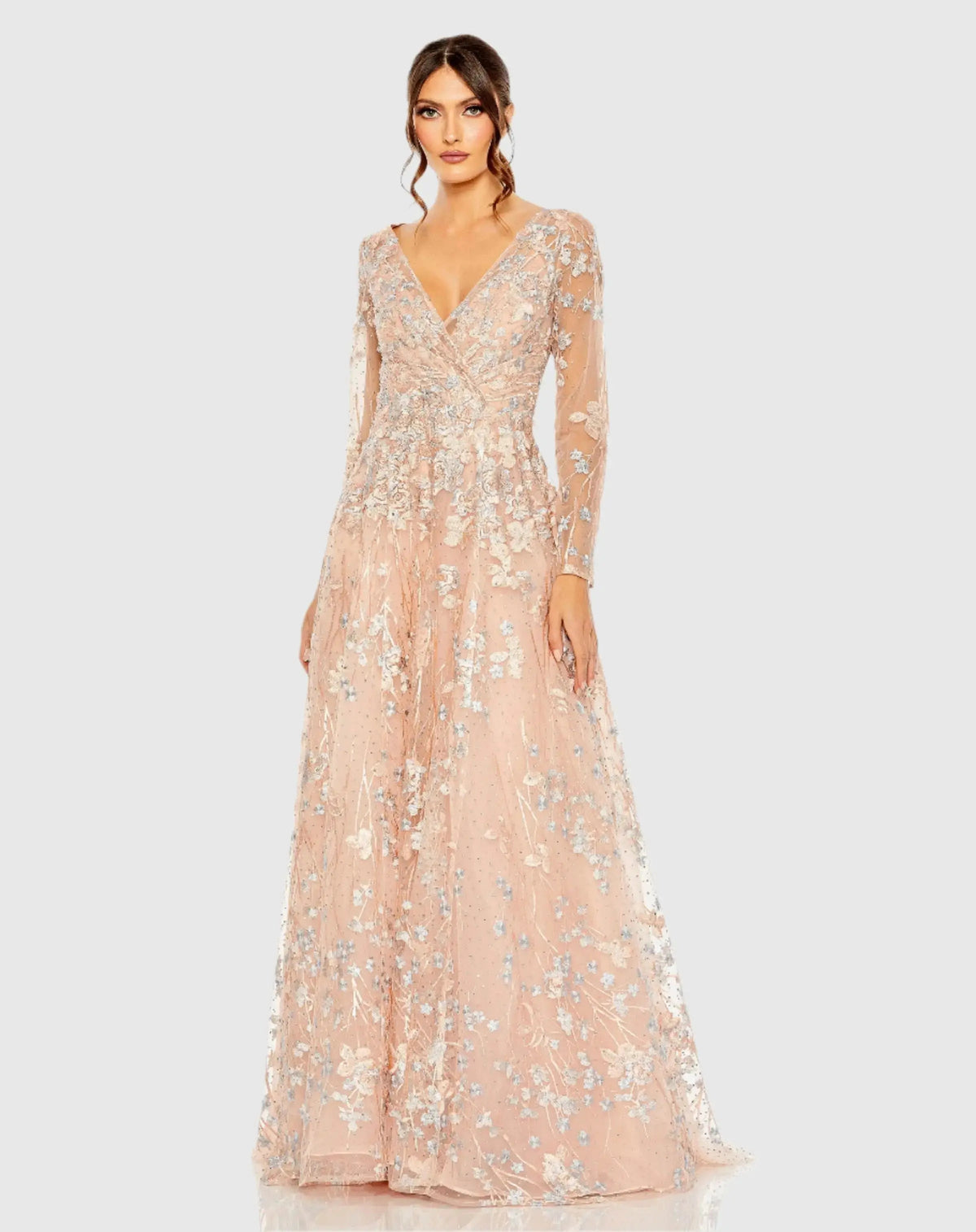 Pink Embroidered Lace Wrap Over Illusion Long Sleeve A Line Gown