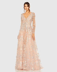 Pink Embroidered Lace Wrap Over Illusion Long Sleeve A Line Gown