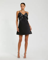 Black Sleeveless Satin A-Line Beaded Bow Mini Dress