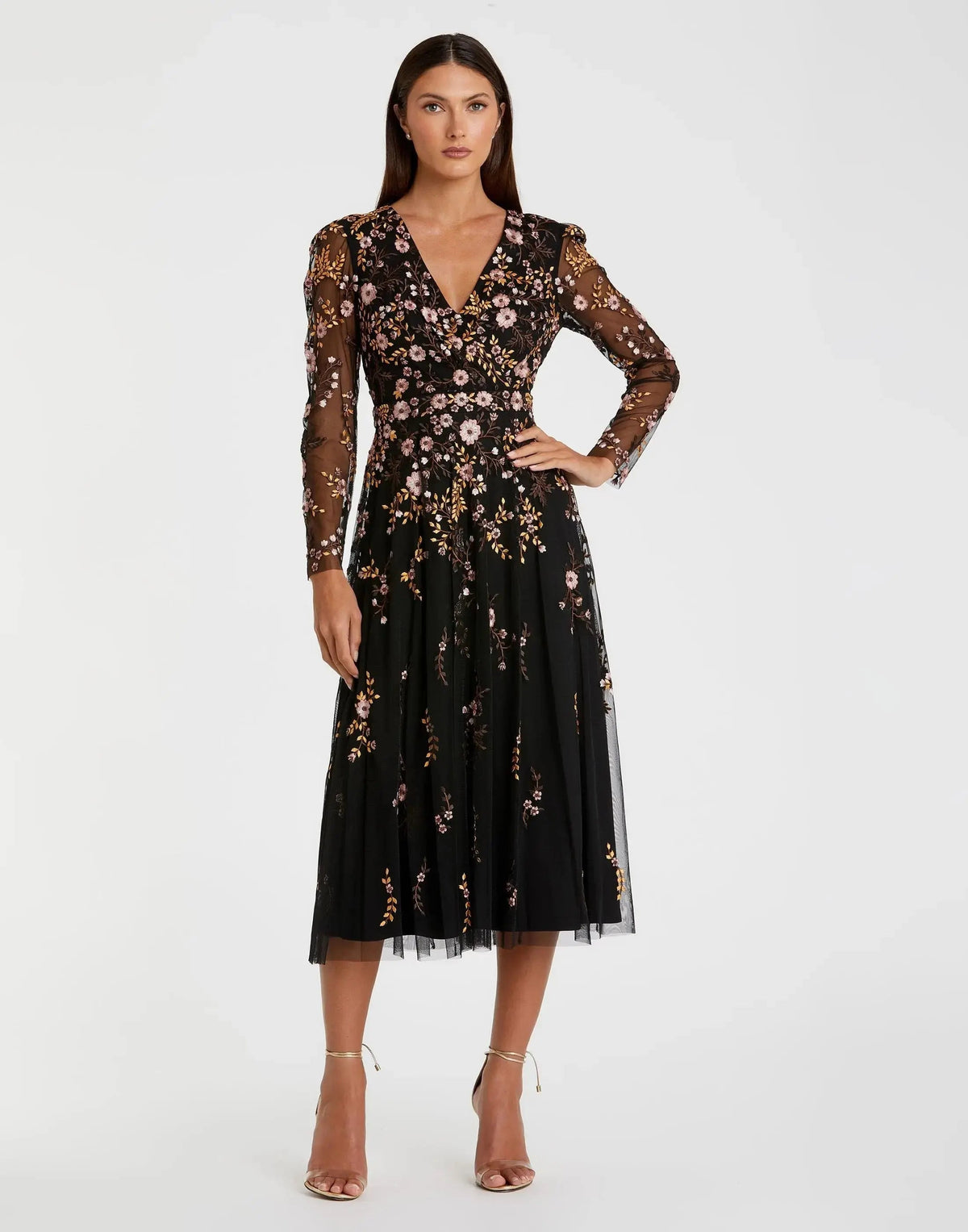 Multicolor Floral Embroidered A-Line Cocktail Dress