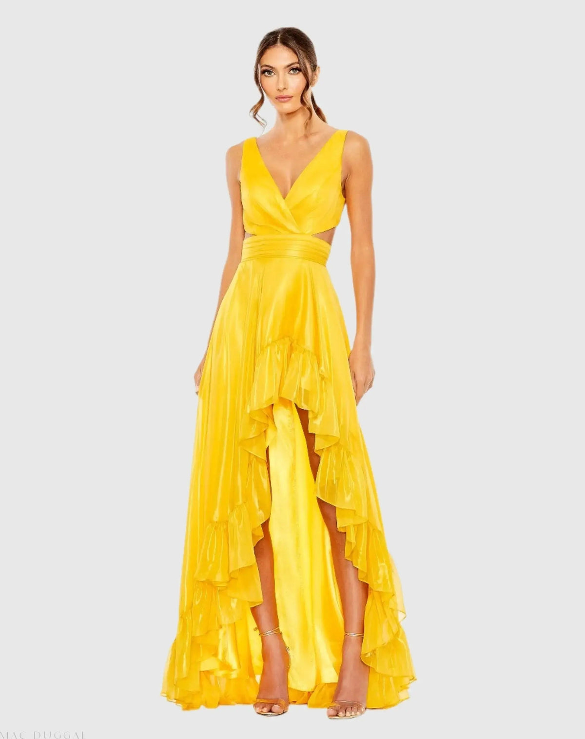 Yellow Cut Out High Low Ruffle Gown