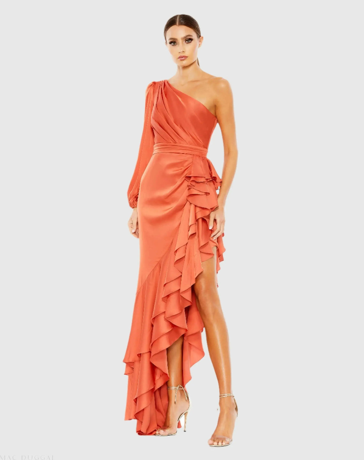 Orange One Sleeve Cut Out Asymmetrical Ruffled Gown