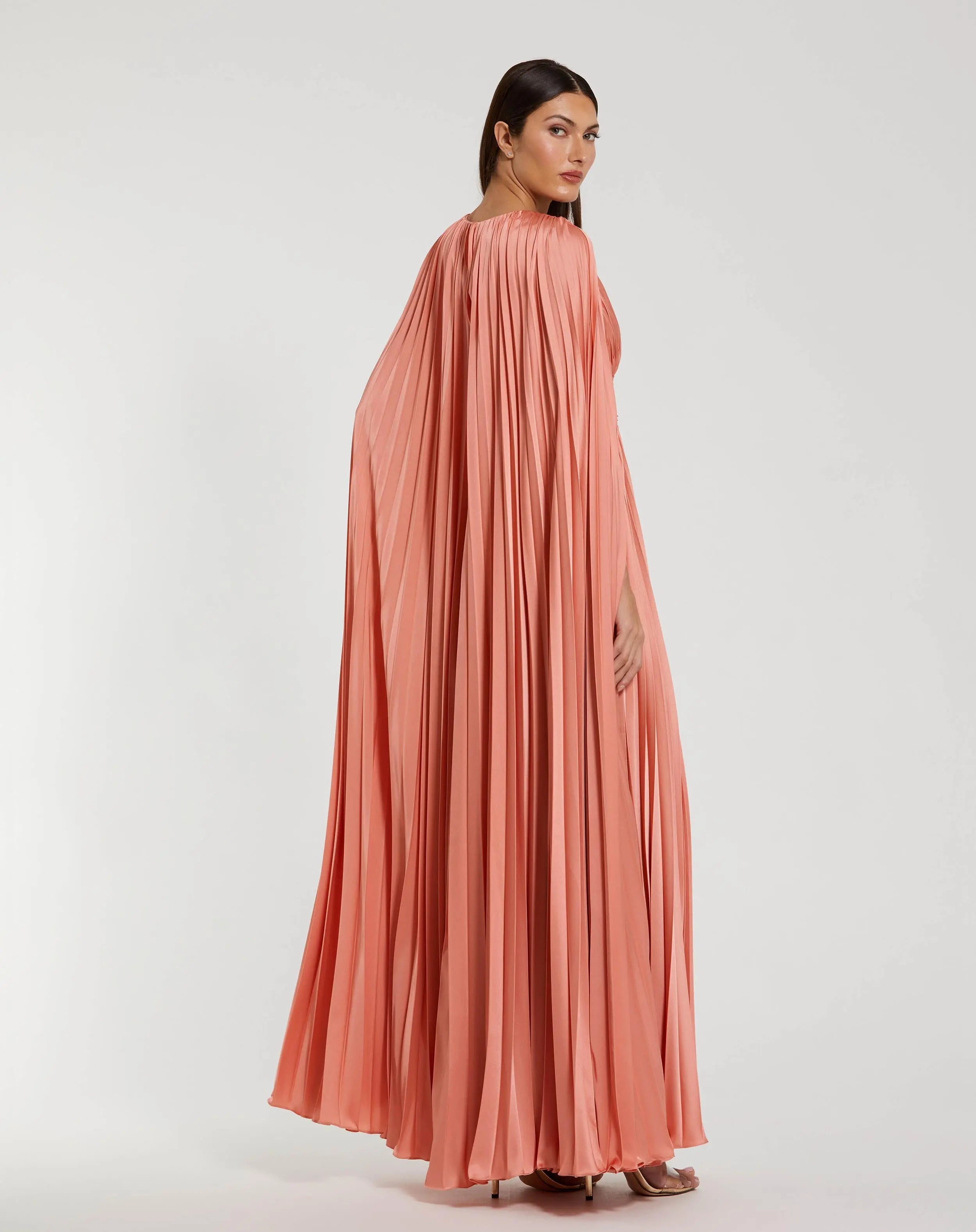 Pink Pleated Charmeuse V Neck Gown With Cape