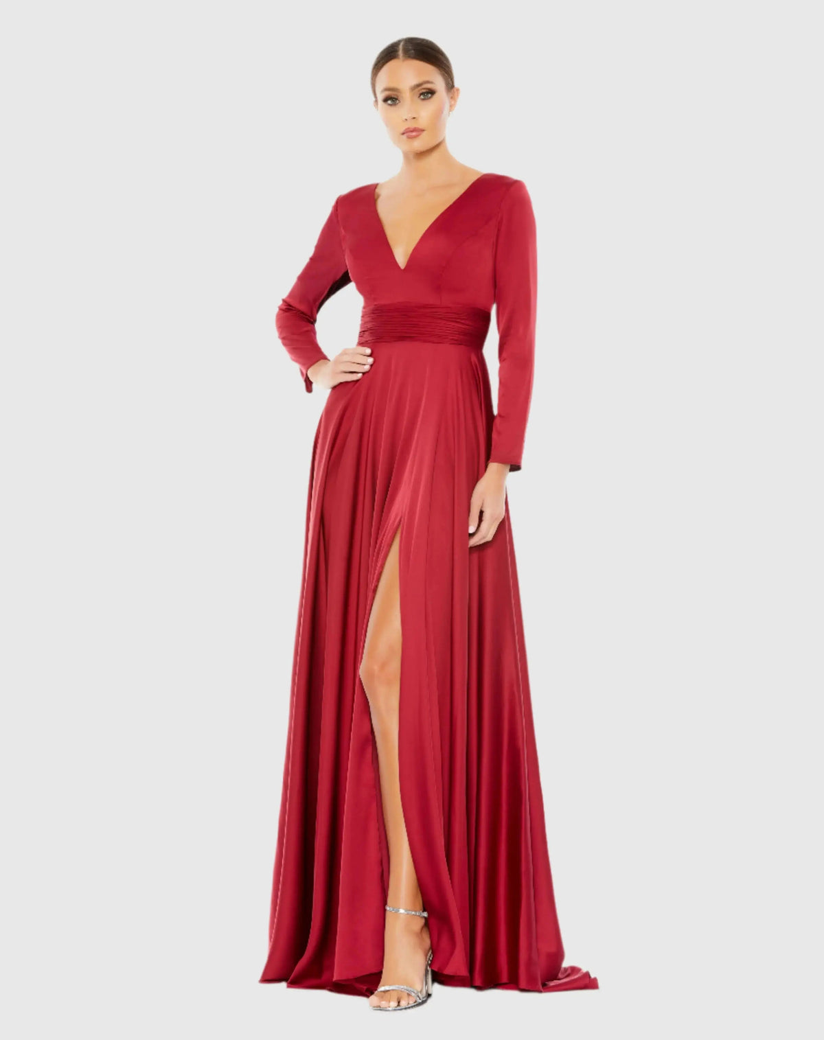 Red Long Sleeve Ruched Waist A-Line Gown