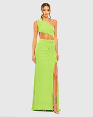 Green Cut Out One Shoulder Ruched Back Gown