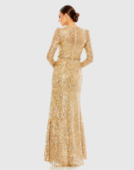 Gold Embellished High Neck Long Sleeve Gown
