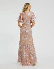 Pink Embellished Lace V Neck Butterfly Sleeve Gown
