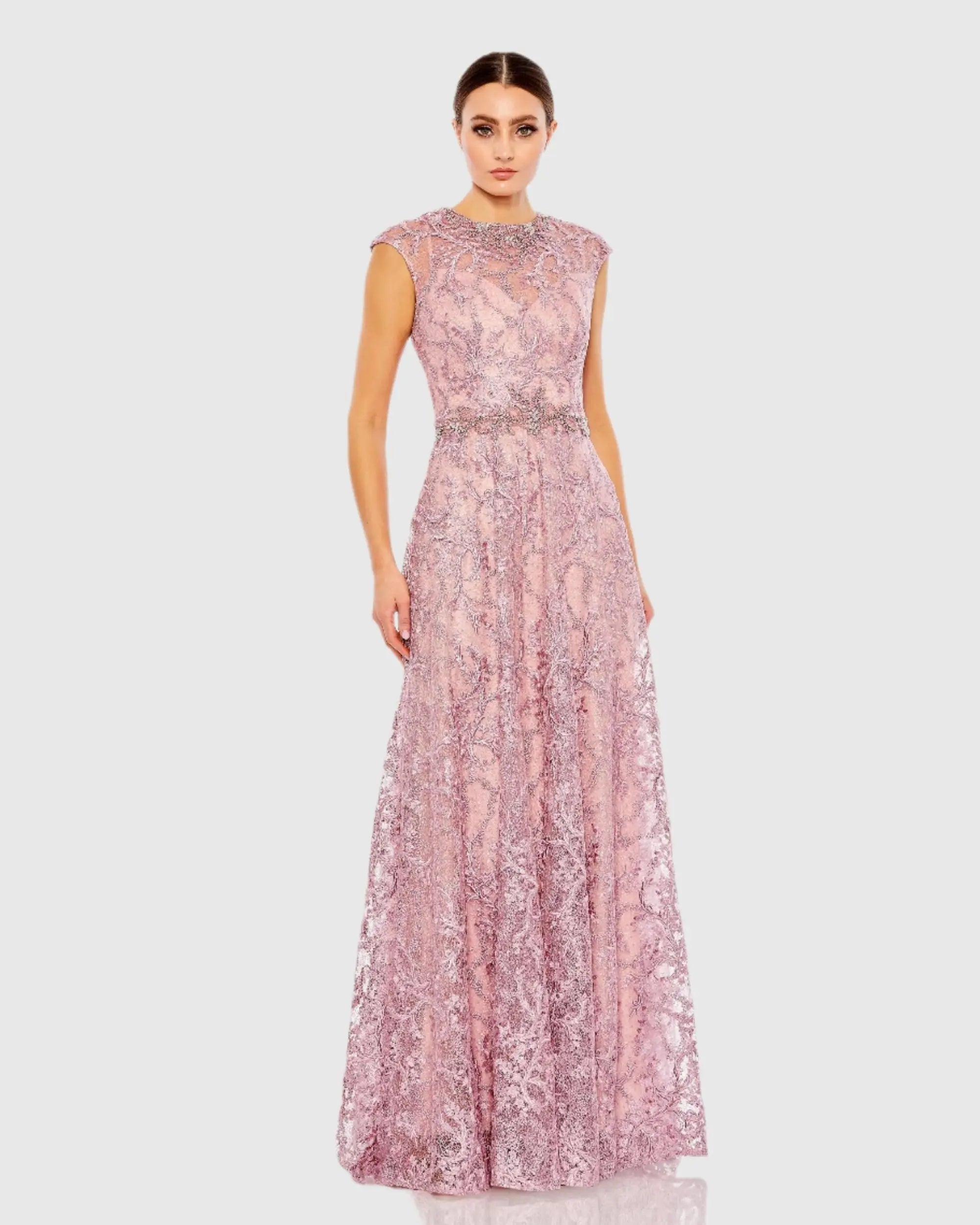 Pink Embroidered Cap Sleeve A Line Gown