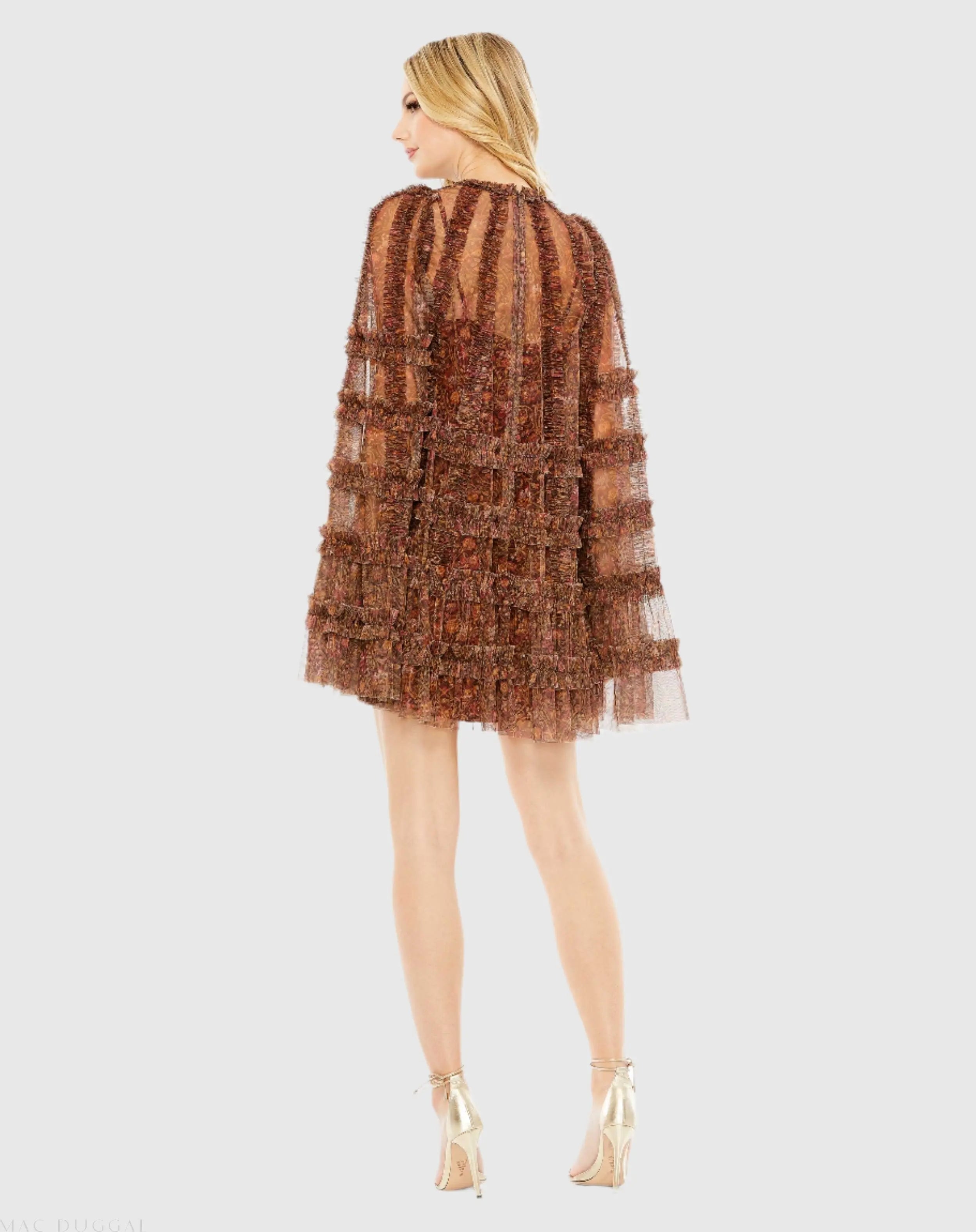 Brown Floral Print Long Flare Sleeve Mesh A-Line Dress