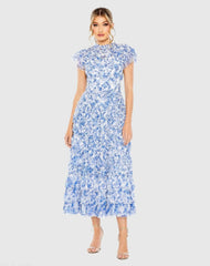 High Neck Ruffle Cap Sleeve Floral Dress