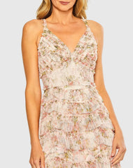Pink Sleeveless V Neck Floral Mesh Ruffle Midi Dress