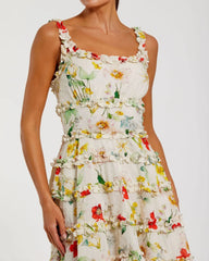 Ivory Floral Square Neck Ruffle Mini Dress