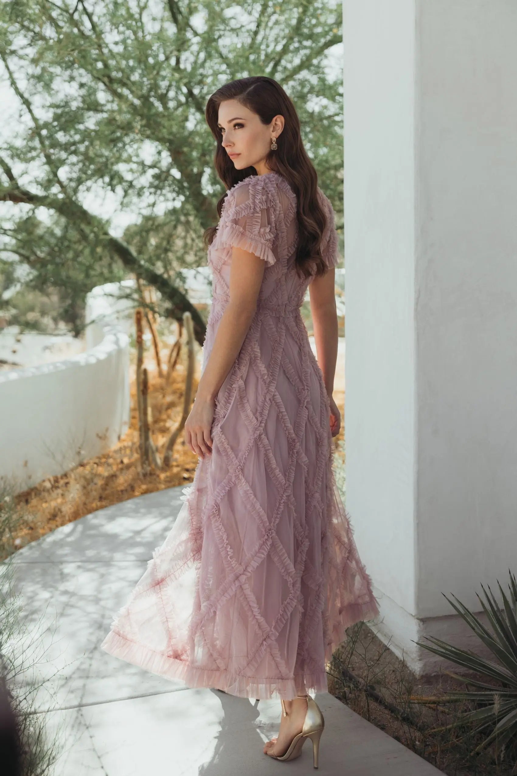 Pink Short Sleeve High Neck Ruffle Dress