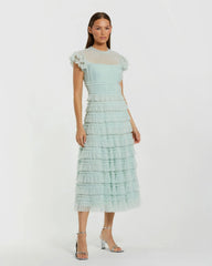 Green Ruffle High Neck Cap Sleeve Midi Dress