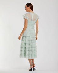Green Ruffle High Neck Cap Sleeve Midi Dress