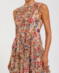 Multicolor Micro Ruffle High Neck A-Line Mini Dress