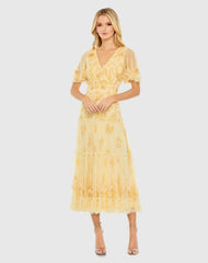 Floral Embellished Flutter Sleeve Tiered Dress