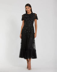 Embellished High Neck Cap Sleeve A Line Dress