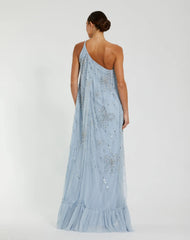 Blue One Shoulder Bow Embellished High Low Gown