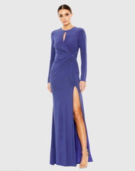 Purple Long Sleeve Keyhole Draped Gown