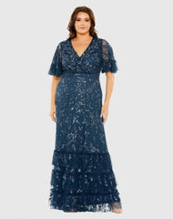 Navy Sequin Embellished Flutter Sleeve V-Neck Gown (Plus)